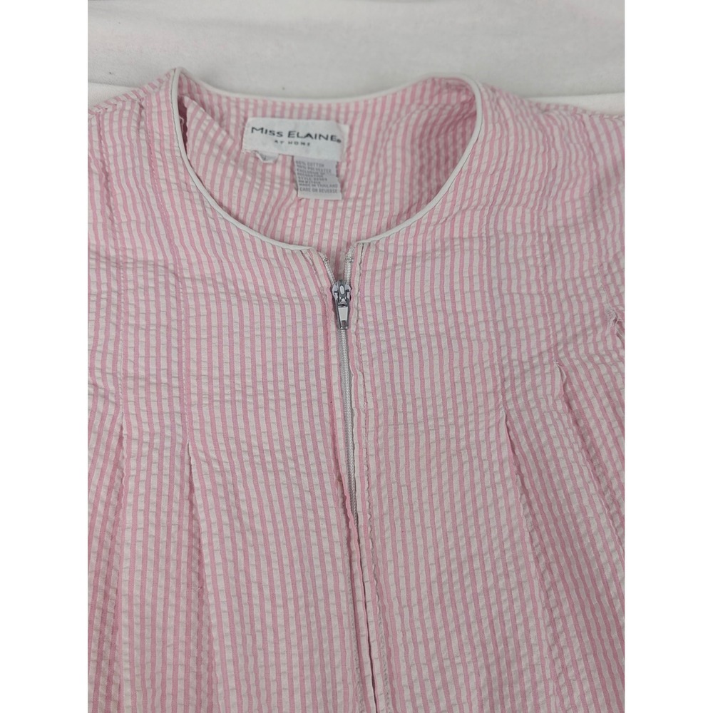 Miss Elaine At Home Pink White Seersucker Zip Front Robe Embroidered Pocket L - Picture 10 of 13